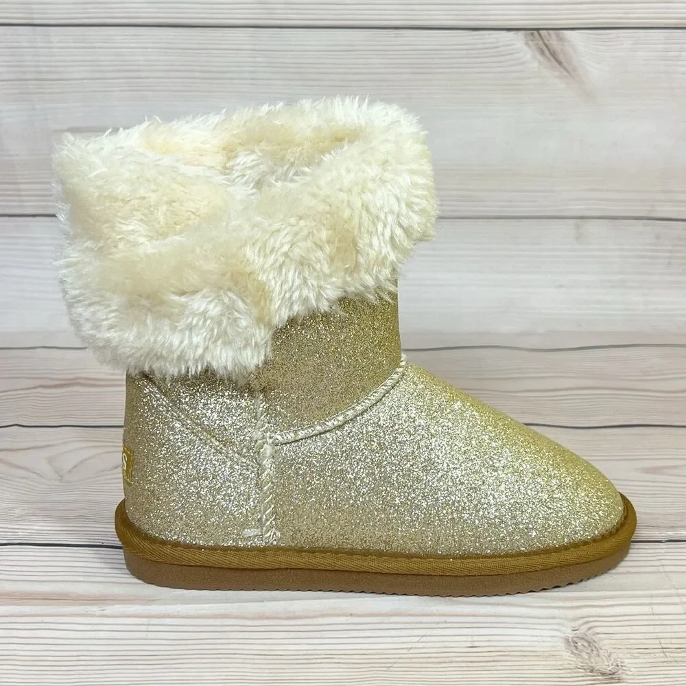Lamo APRES Youth Winter Boots Girls 2Y Glitter Gold Slip-On Faux Fur Wrap Cuff